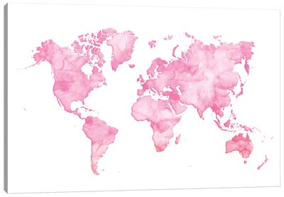 Pink Watercolor World Map Canvas Art Print - World Map Art