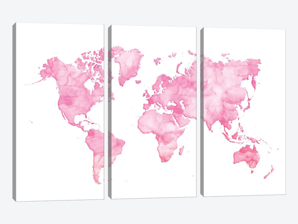Pink Watercolor World Map by blursbyai 3-piece Canvas Art Print