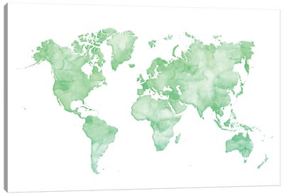 Green Watercolor World Map Canvas Art Print - World Map Art