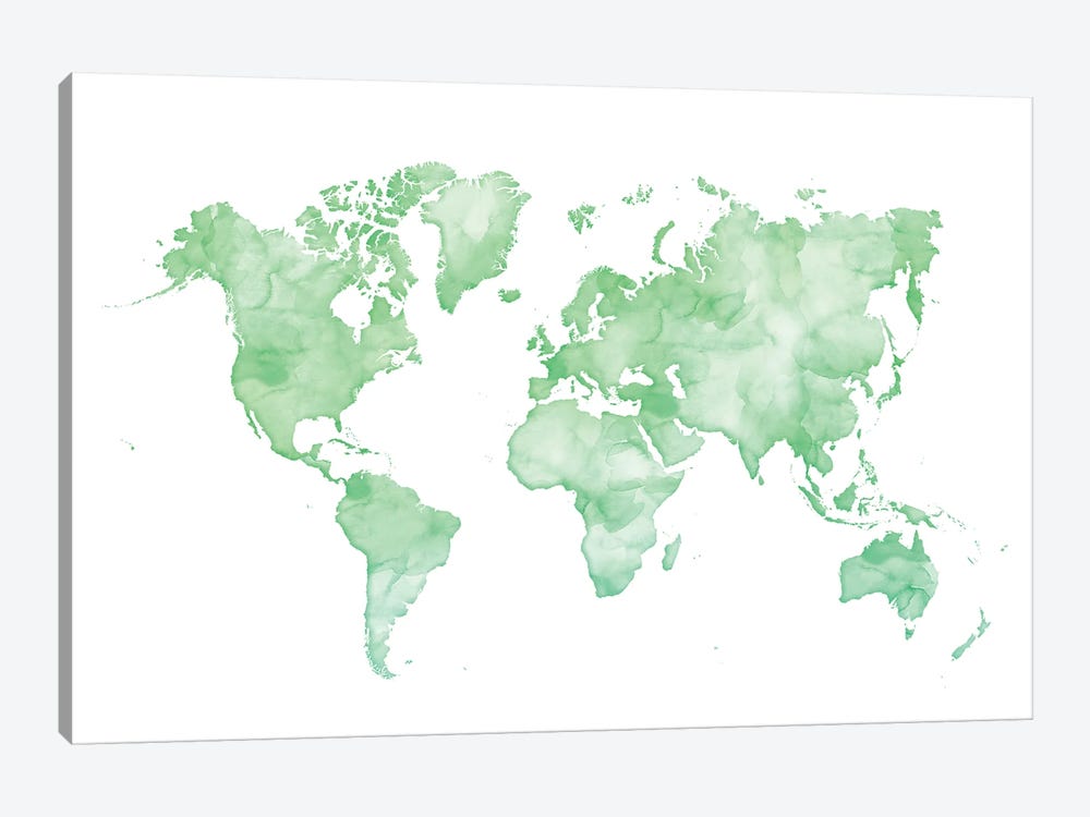 Green Watercolor World Map by blursbyai 1-piece Canvas Wall Art