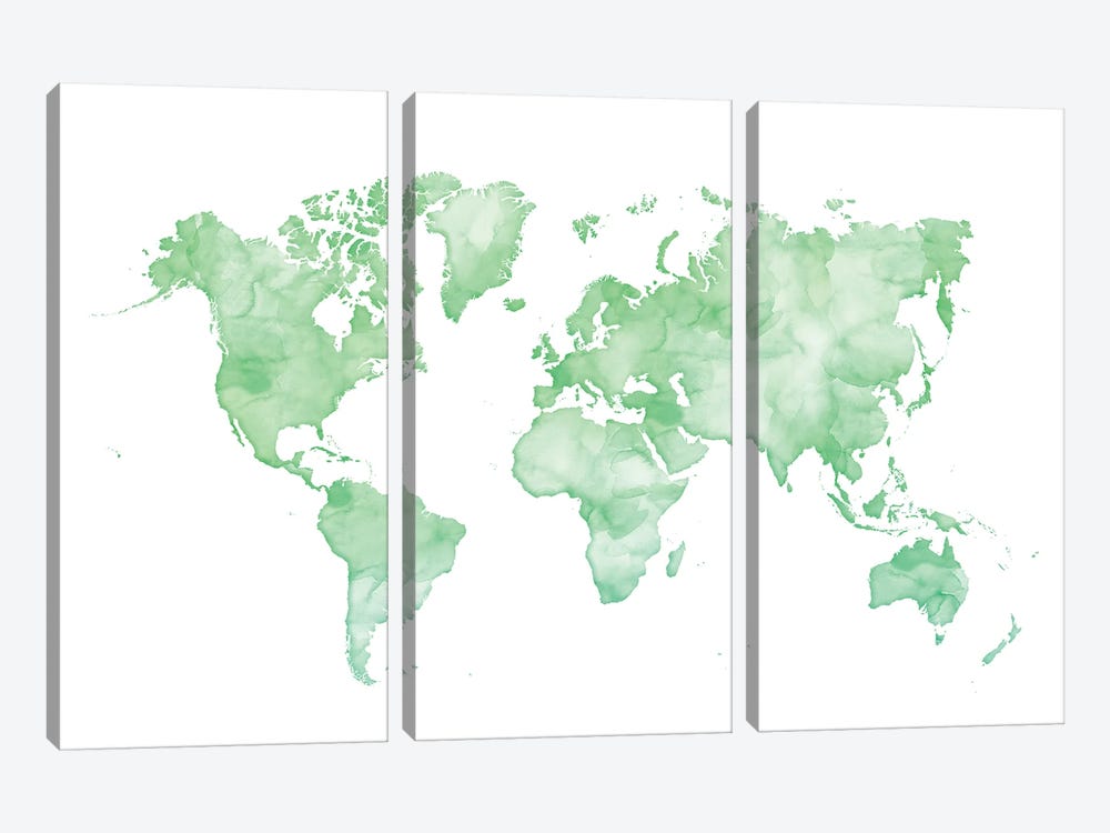 Green Watercolor World Map by blursbyai 3-piece Canvas Art