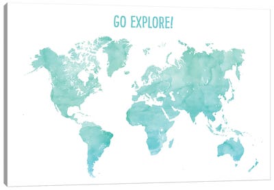 Go Explore World Map In Aquamarine Canvas Art Print - blursbyai