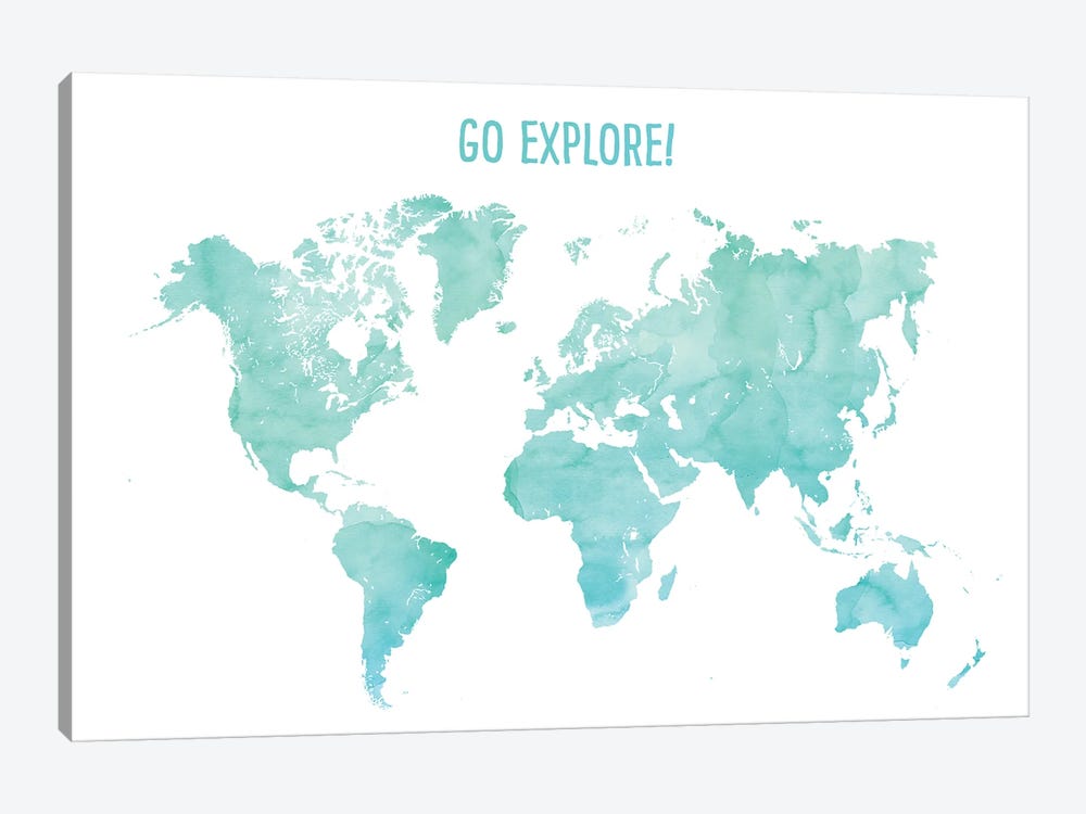 Go Explore World Map In Aquamarine by blursbyai 1-piece Canvas Art Print