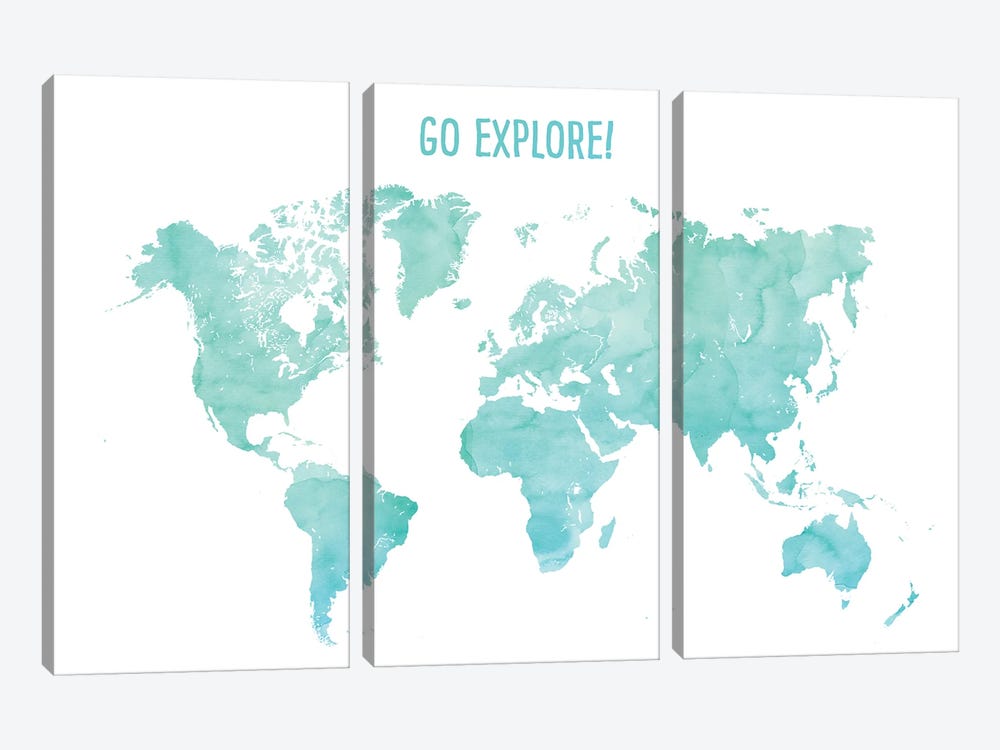Go Explore World Map In Aquamarine by blursbyai 3-piece Canvas Art Print