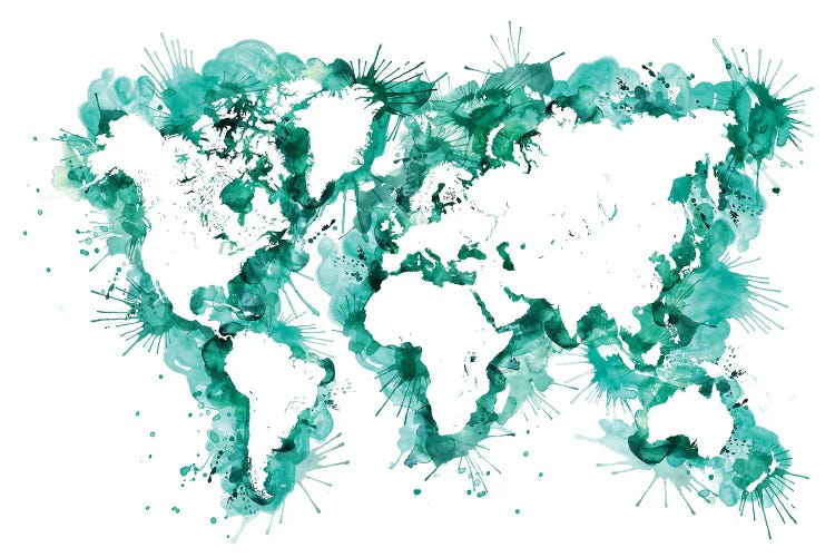 Teal Watercolor Splatters World Map