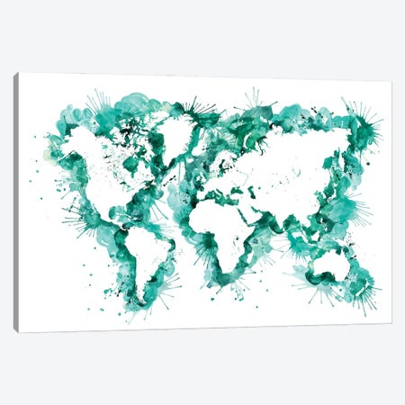 Teal Watercolor Splatters World Map Canvas Print #RLZ195} by blursbyai Canvas Artwork
