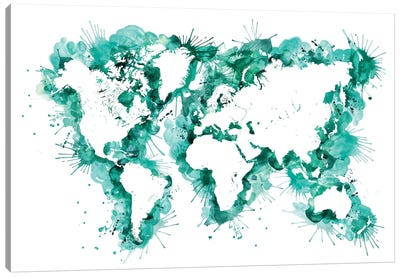 Teal Watercolor Splatters World Map Canvas Art Print - blursbyai