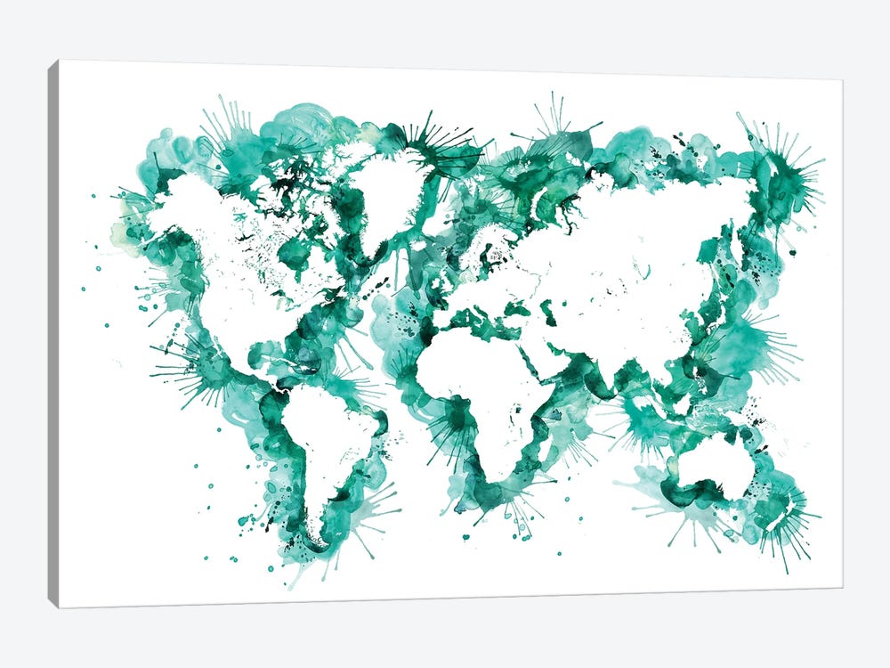 Teal Watercolor Splatters World Map by blursbyai 1-piece Art Print