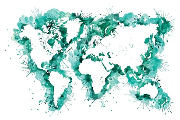 Teal Watercolor Splatters World Map