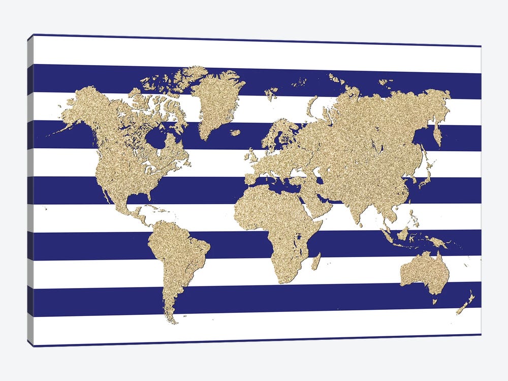 Glitter And Blue Stripes World Map by blursbyai 1-piece Canvas Art