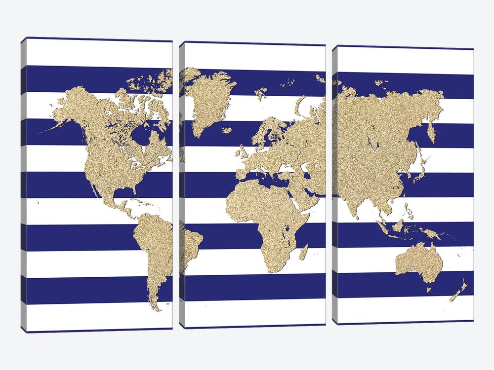 Glitter And Blue Stripes World Map by blursbyai 3-piece Canvas Art