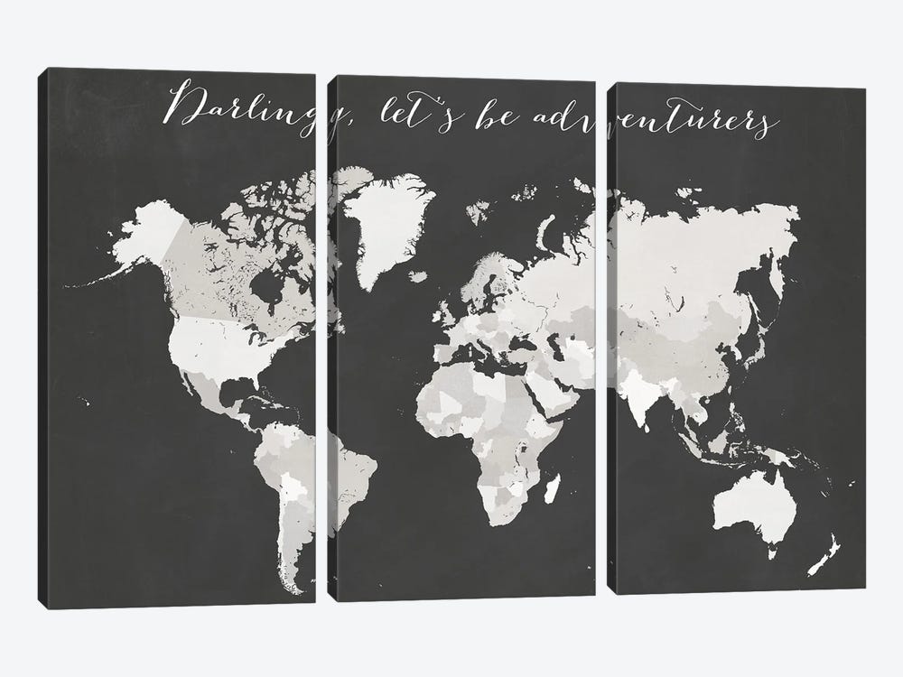 Darling Lets Be Adventurers World Map by blursbyai 3-piece Canvas Art Print