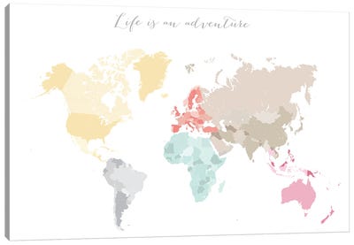 Life Is An Adventure World Map In Pastels Canvas Art Print - blursbyai