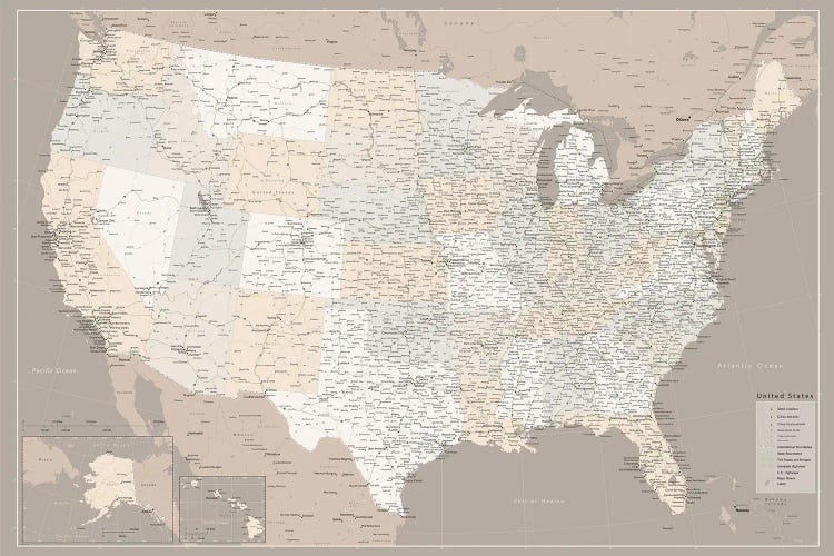 Highly Detailed Map Of The Us With Roads In Brown