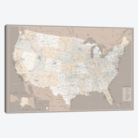 Highly Detailed Map Of The Us With Roads In Brown Canvas Print #RLZ199} by blursbyai Canvas Art Print