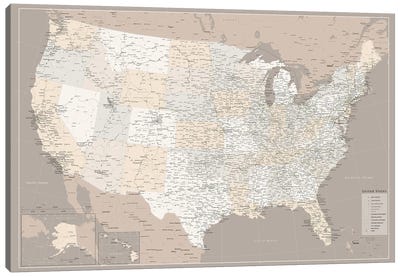 Highly Detailed Map Of The Us With Roads In Brown Canvas Art Print - Maps
