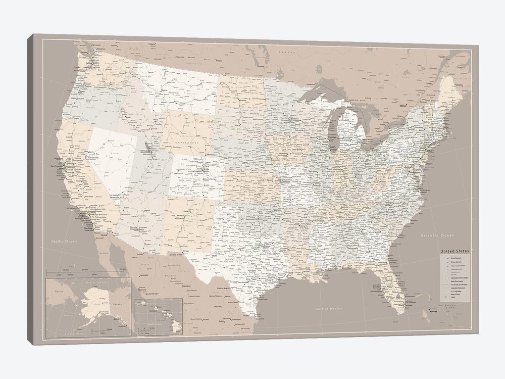 Highly Detailed Map Of The Us With Roads In Brown by blursbyai 1-piece Canvas Print