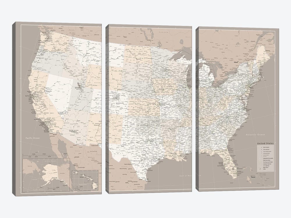 Highly Detailed Map Of The Us With Roads In Brown by blursbyai 3-piece Canvas Art Print