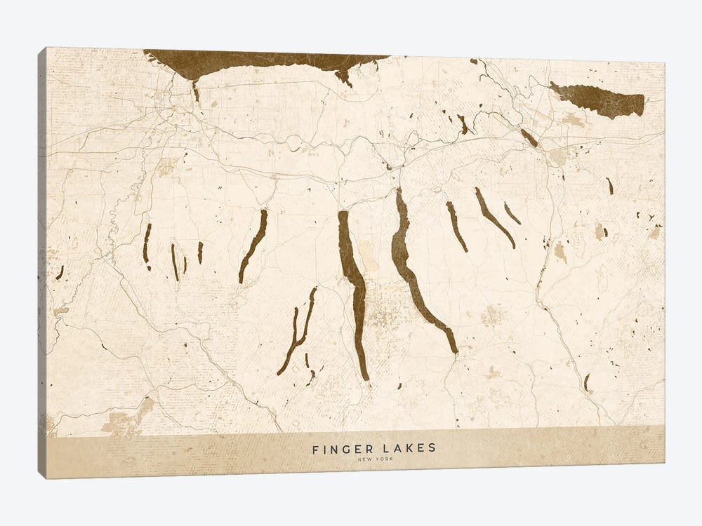 Sepia Vintage Finger Lakes Ny Map by blursbyai 1-piece Canvas Print