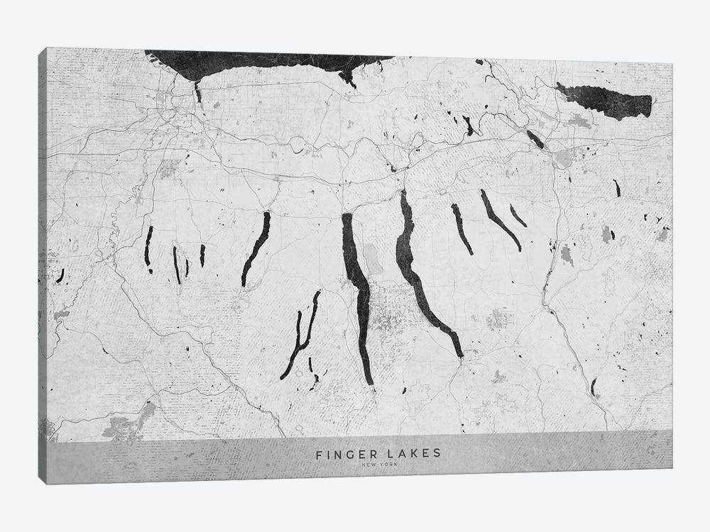 Gray Vintage Finger Lakes Ny Map by blursbyai 1-piece Canvas Artwork
