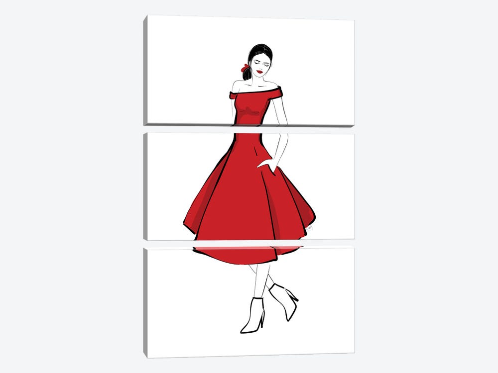 The Girl In The Red Midi Dress Fashion Illustration by blursbyai 3-piece Canvas Wall Art