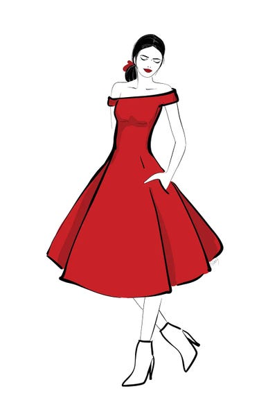 blursbyai: The Girl In The Red Midi Dress Fashion Illustration by blursbyai