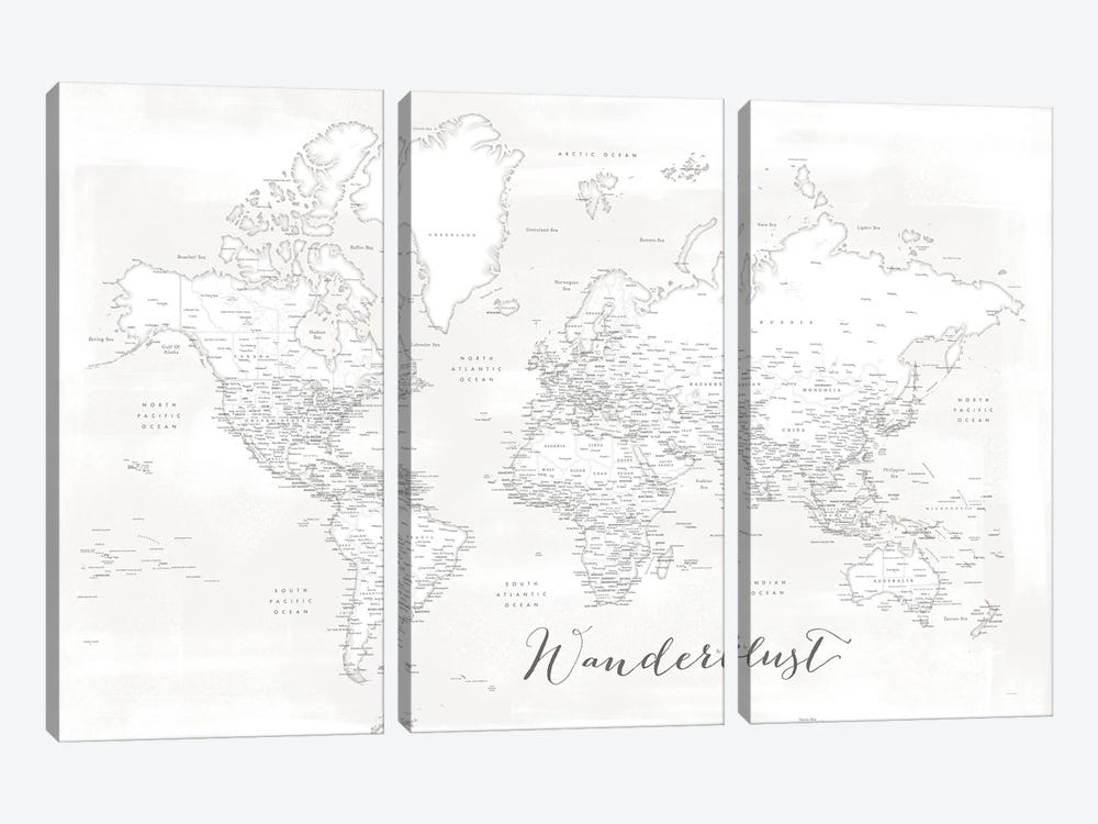 Wanderlust Detailed World Map Maelie White by blursbyai 3-piece Canvas Print