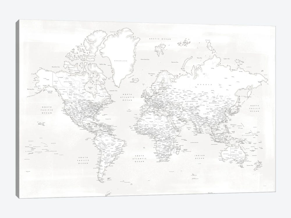 Detailed World Map Maeli White by blursbyai 1-piece Canvas Artwork