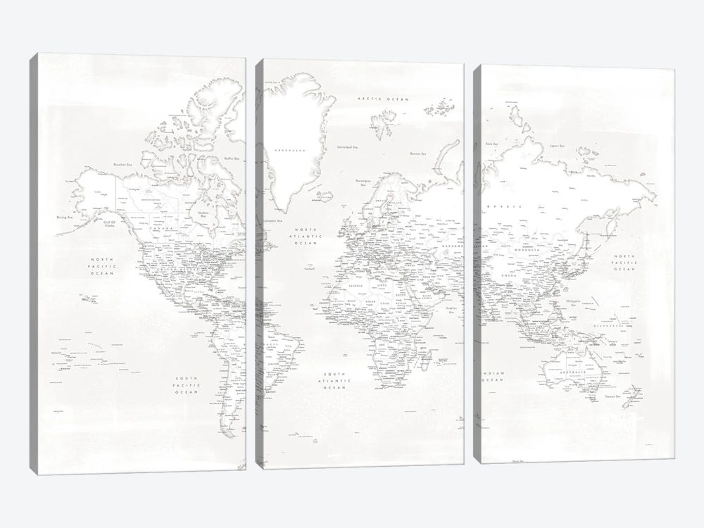 Detailed World Map Maeli White by blursbyai 3-piece Canvas Wall Art
