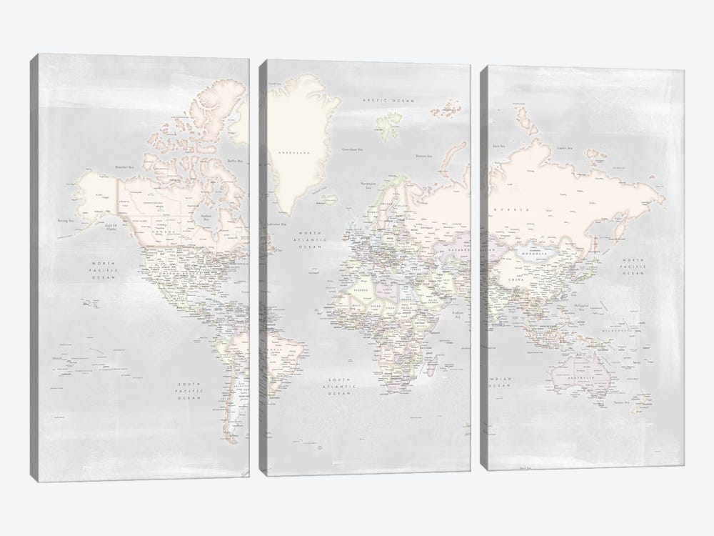 Detailed Rustic And Pastels World Map Maeli Pastels by blursbyai 3-piece Canvas Art Print