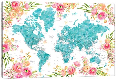 Detailed Colorful Floral World Map Halen Canvas Art Print - World Map Art