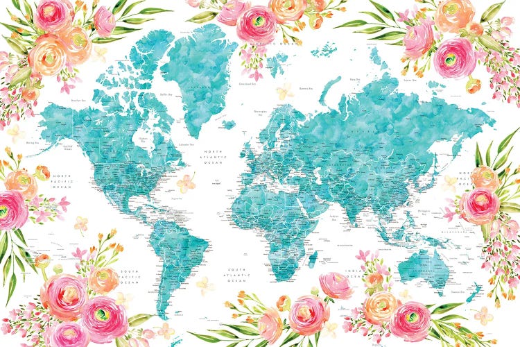 Detailed Colorful Floral World Map Halen