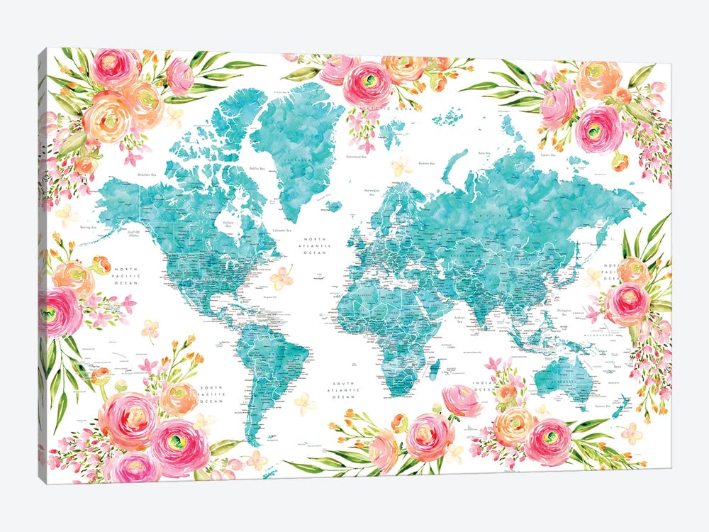 Detailed Colorful Floral World Map Halen by blursbyai 1-piece Canvas Artwork