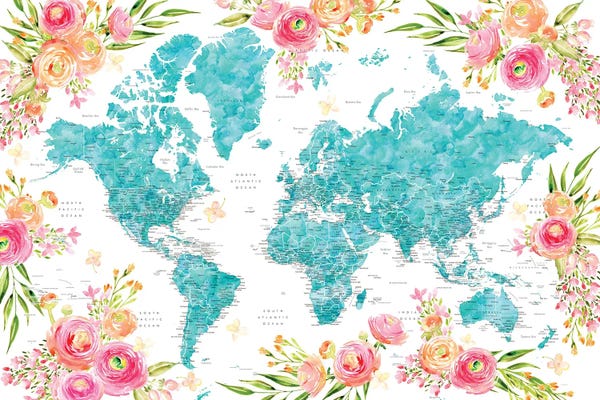 Globes: Detailed Colorful Floral World Map Halen by blursbyai
