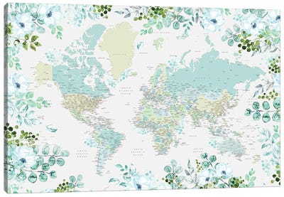 Detailed Floral World Map In Teal And Mint, Marie Canvas Art Print - World Map Art
