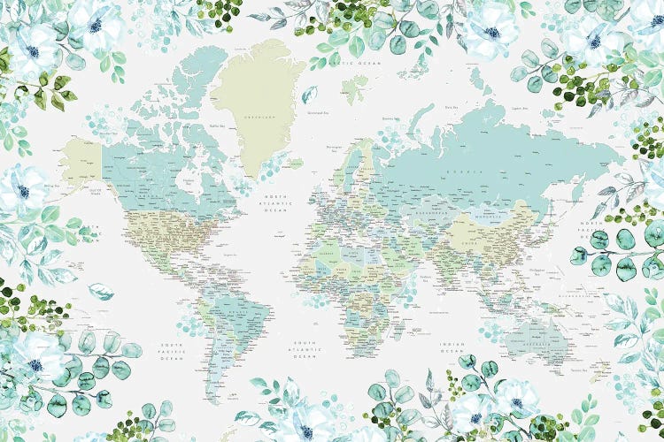 Detailed Floral World Map In Teal And Mint, Marie