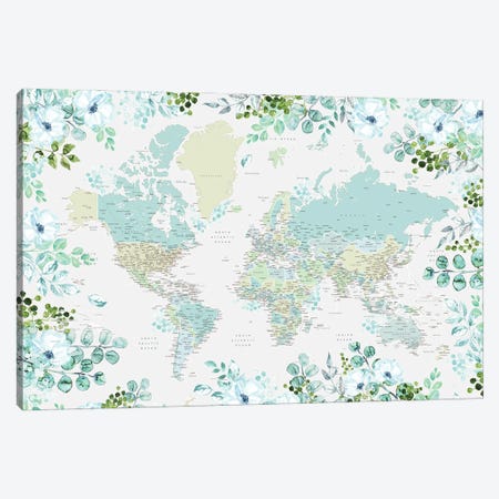 Detailed Floral World Map In Teal And Mint, Marie Canvas Print #RLZ222} by blursbyai Canvas Print