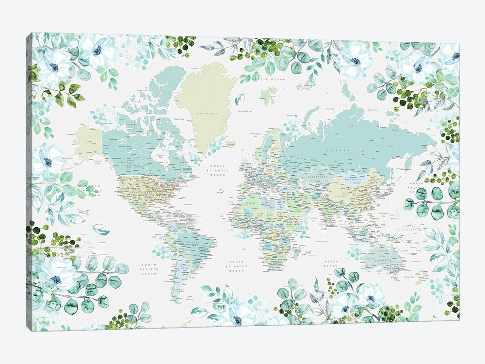 Detailed Floral World Map In Teal And Mint, Marie by blursbyai 1-piece Art Print