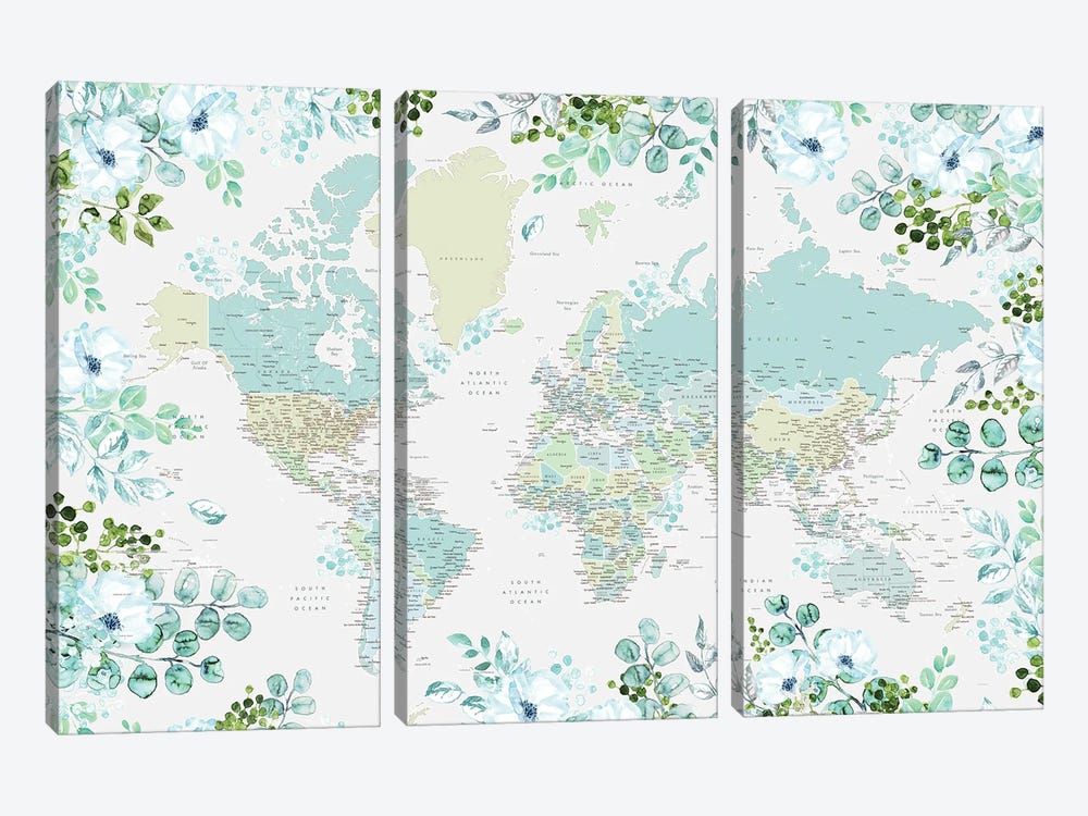 Detailed Floral World Map In Teal And Mint, Marie by blursbyai 3-piece Canvas Print
