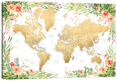 Floral Bohemian Detailed World Map Blythe Canvas Art Print - World Map Art