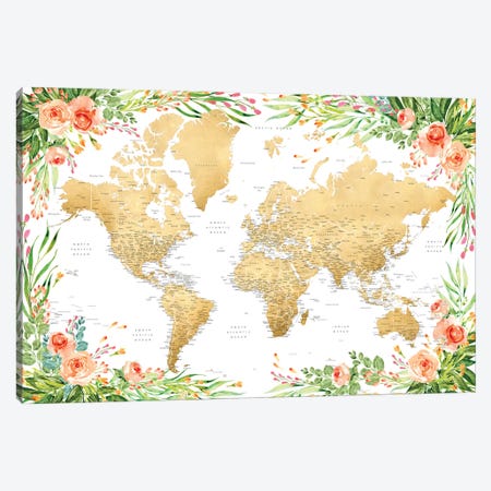 Floral Bohemian Detailed World Map Blythe Canvas Print #RLZ223} by blursbyai Art Print