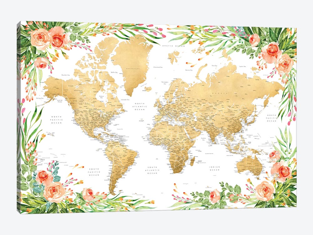 Floral Bohemian Detailed World Map Blythe by blursbyai 1-piece Canvas Art