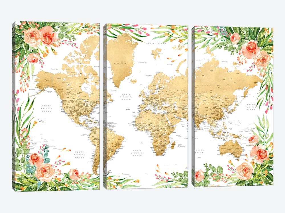 Floral Bohemian Detailed World Map Blythe by blursbyai 3-piece Canvas Wall Art