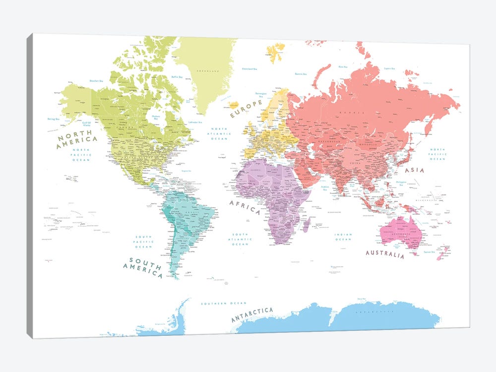 Pastels Detailed World Map With Contine - Canvas Art Print | blursbyai