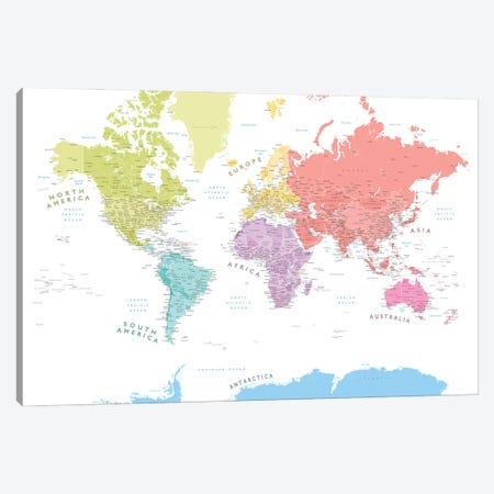 Pastels Detailed World Map With Continents Canvas Print #RLZ224} by blursbyai Canvas Wall Art