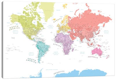 Pastels Detailed World Map With Continents Canvas Art Print - World Map Art