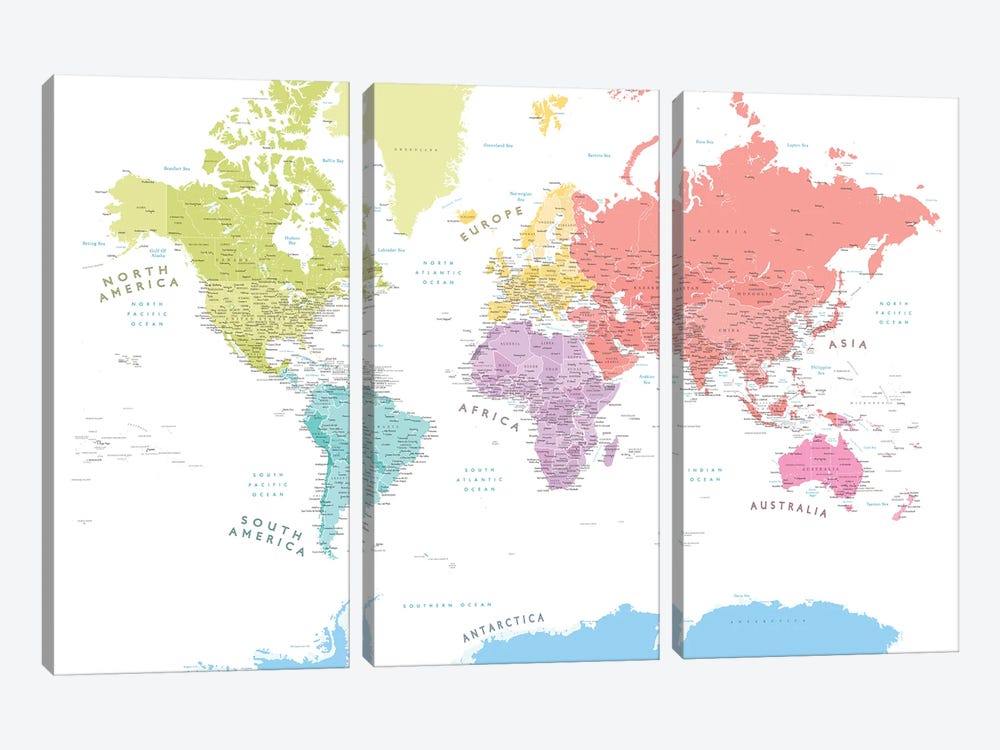 Pastels Detailed World Map With Continents by blursbyai 3-piece Canvas Art Print