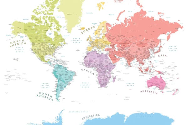 Pastels Detailed World Map With Continents