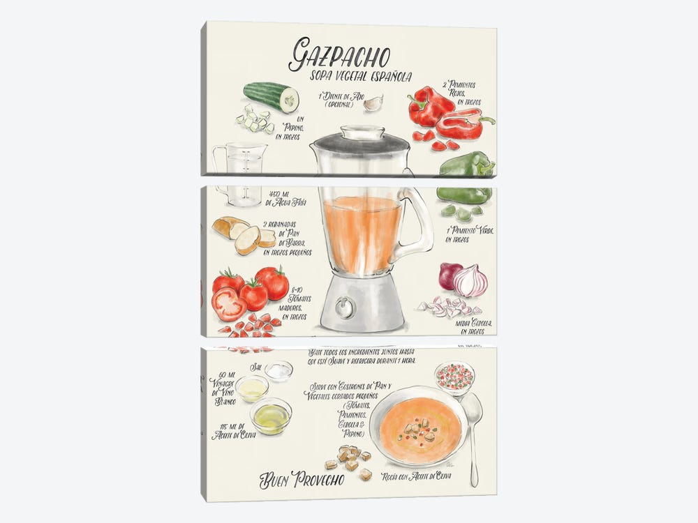 Illustrated Recipe Of Spanish Gazpacho In Spanish by blursbyai 3-piece Canvas Art Print