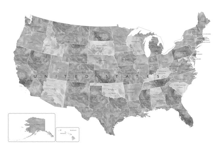 Gray Watercolor Map Of The Usa With States And State Capitals by blursbyai canvas print